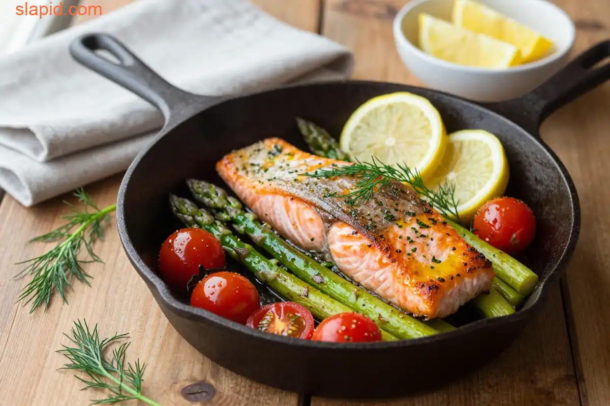 Easy One-Pan Lemon Herb Roasted Salmon plated dish
