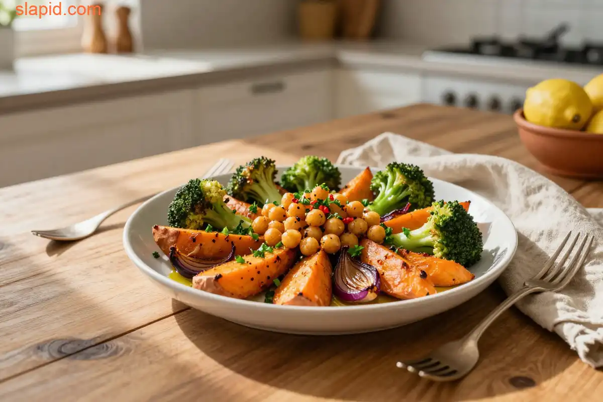 Easy One-Pan Roasted Vegetable and Chickpea Dinner plated dish