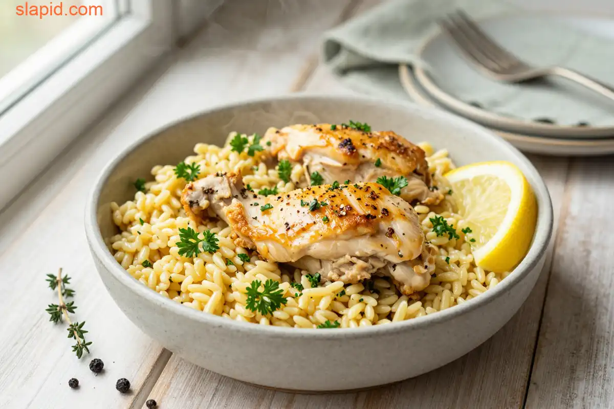 Easy One-Pot Lemon Herb Chicken Orzo plated dish
