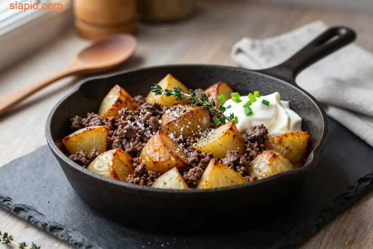 Easy Oven-Baked Ground Beef and Potato Hash plated dish