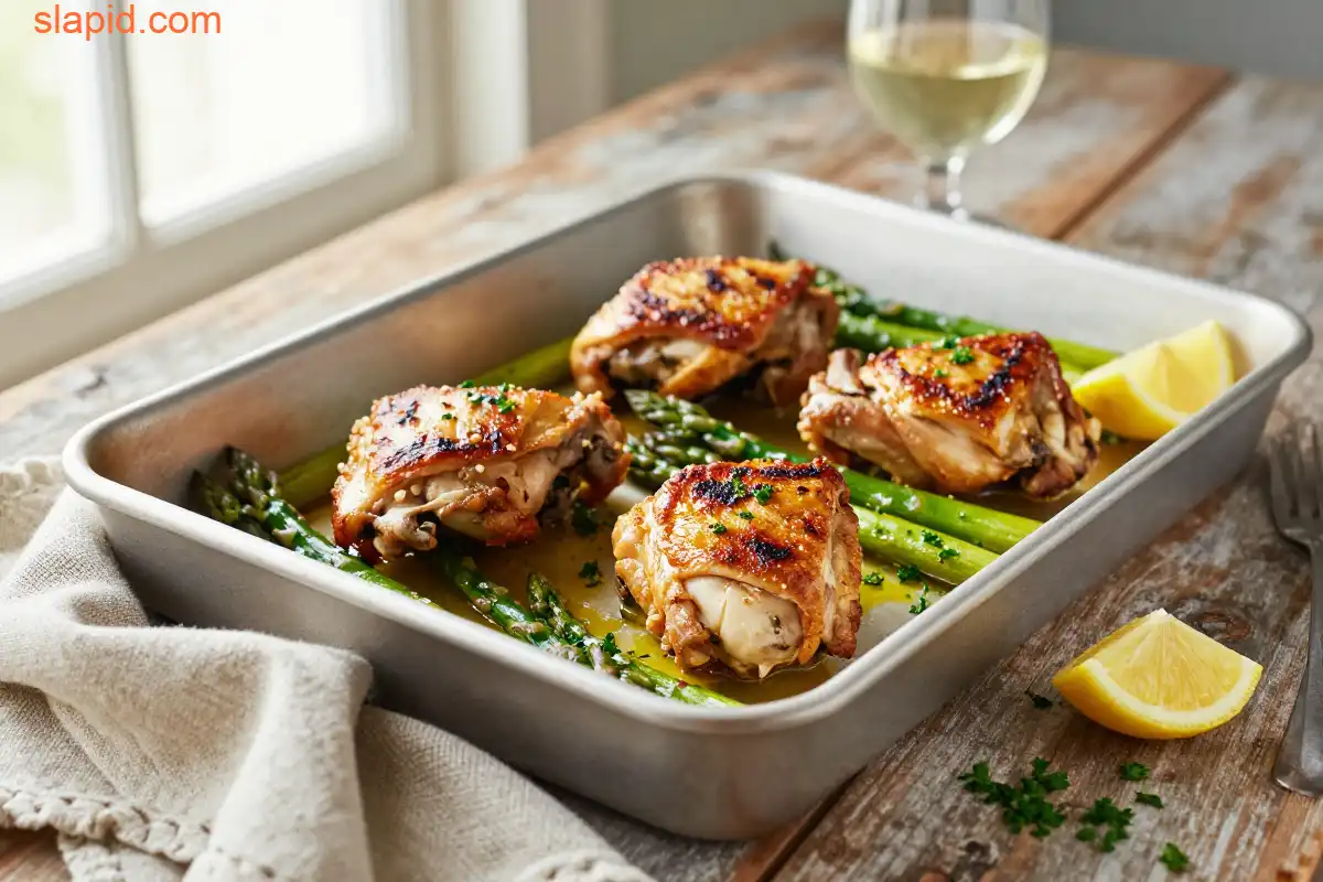 Easy Oven-Roasted Chicken and Asparagus Sheet Pan plated dish