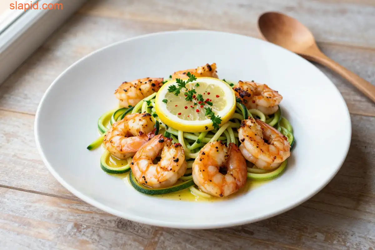 Easy Pan-Seared Shrimp Scampi with Zucchini Noodles plated dish