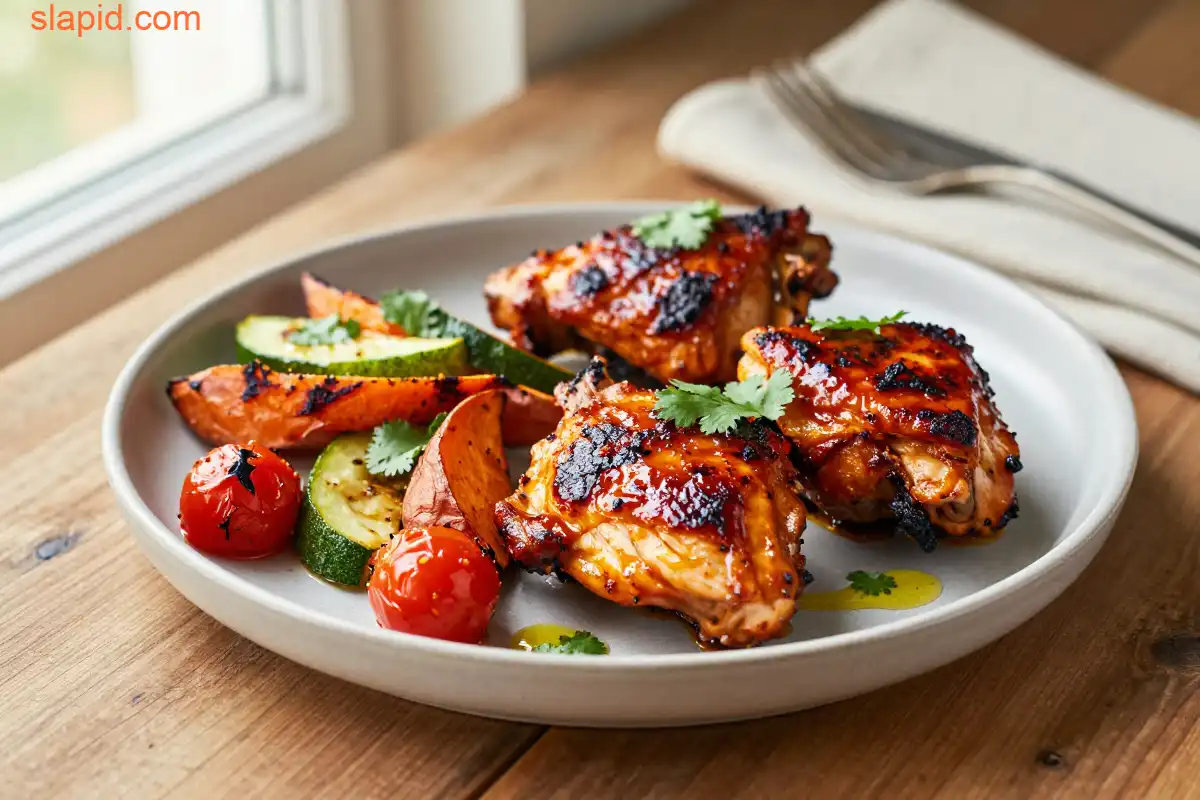 Easy Sheet Pan Harissa Chicken Thighs Vegetables plated dish