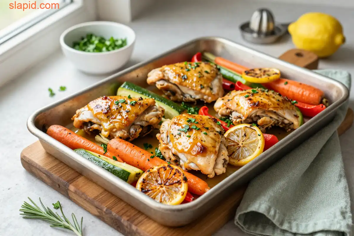 Easy Sheet Pan Lemon Herb Chicken & Vegetables plated dish