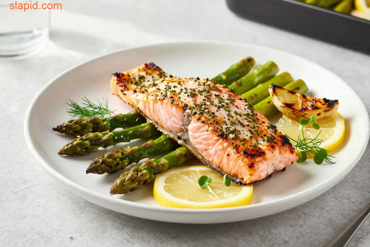 Easy Sheet Pan Lemon Herb Salmon Asparagus plated dish