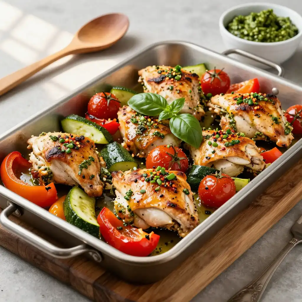 Easy Sheet Pan Roasted Pesto Chicken and Veggies plated dish
