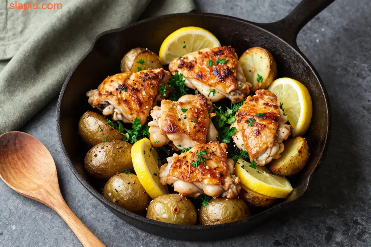 Easy Skillet Chicken Thighs with Lemon Potatoes plated dish