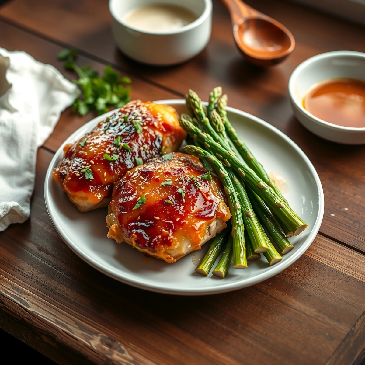 Easy Skillet Honey Garlic Chicken Thighs with Asparagus plated dish
