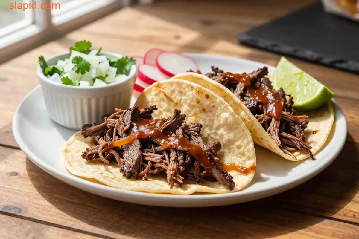 Easy Slow Cooker Beef Barbacoa Tacos plated dish