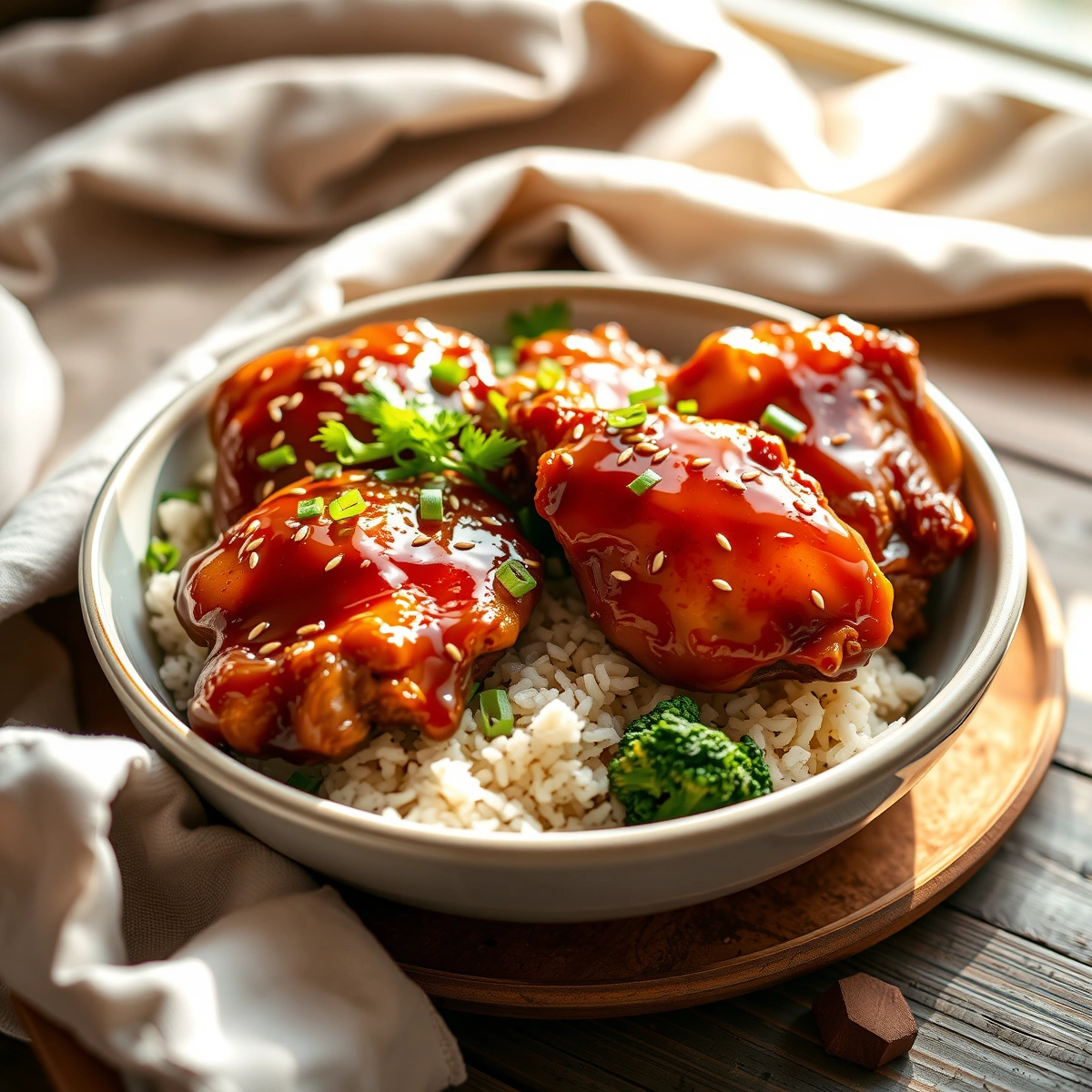 Easy Slow Cooker Honey Garlic Chicken Thighs Dinner plated dish