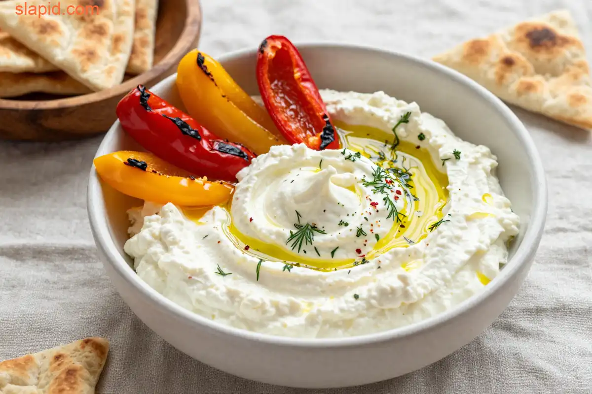 Easy Whipped Feta Dip with Roasted Peppers plated dish