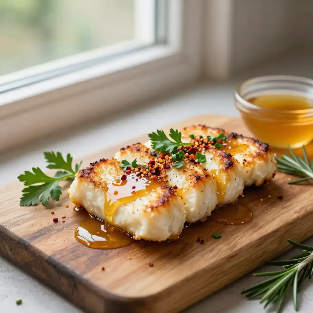 10-Minute Broiled Spanish Halloumi with Melt-in-Mouth Honey Glaze plated dish