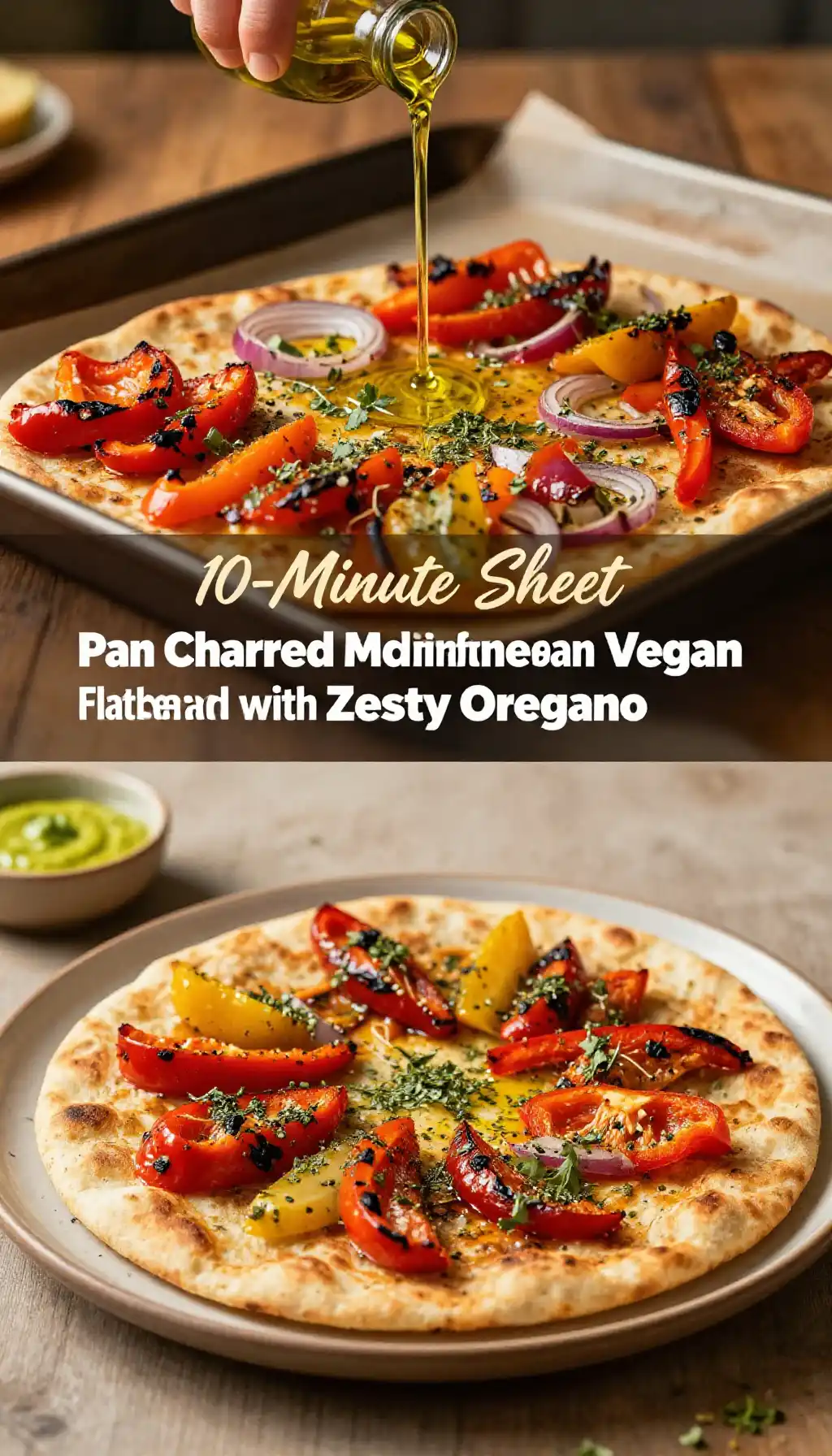 10-Minute Sheet Pan Charred Mediterranean Vegan Flatbread with Zesty Oregano pinterest pin