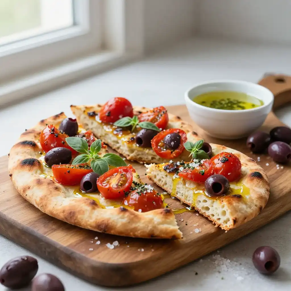 10-Minute Sheet Pan Charred Mediterranean Vegan Flatbread with Zesty Oregano plated dish