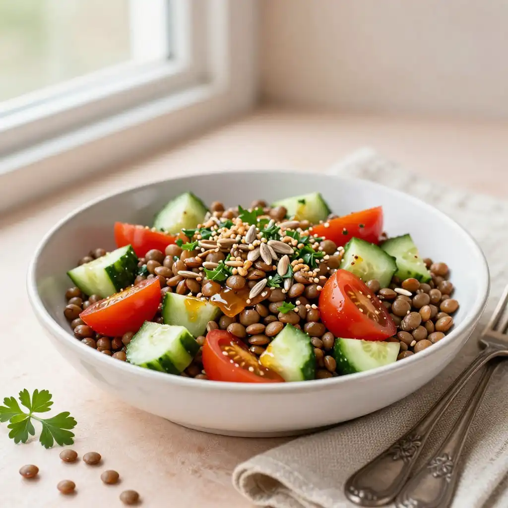 10-Minute Slow Cooker Silky Honey-Glazed Vegan Lentil Salad plated dish