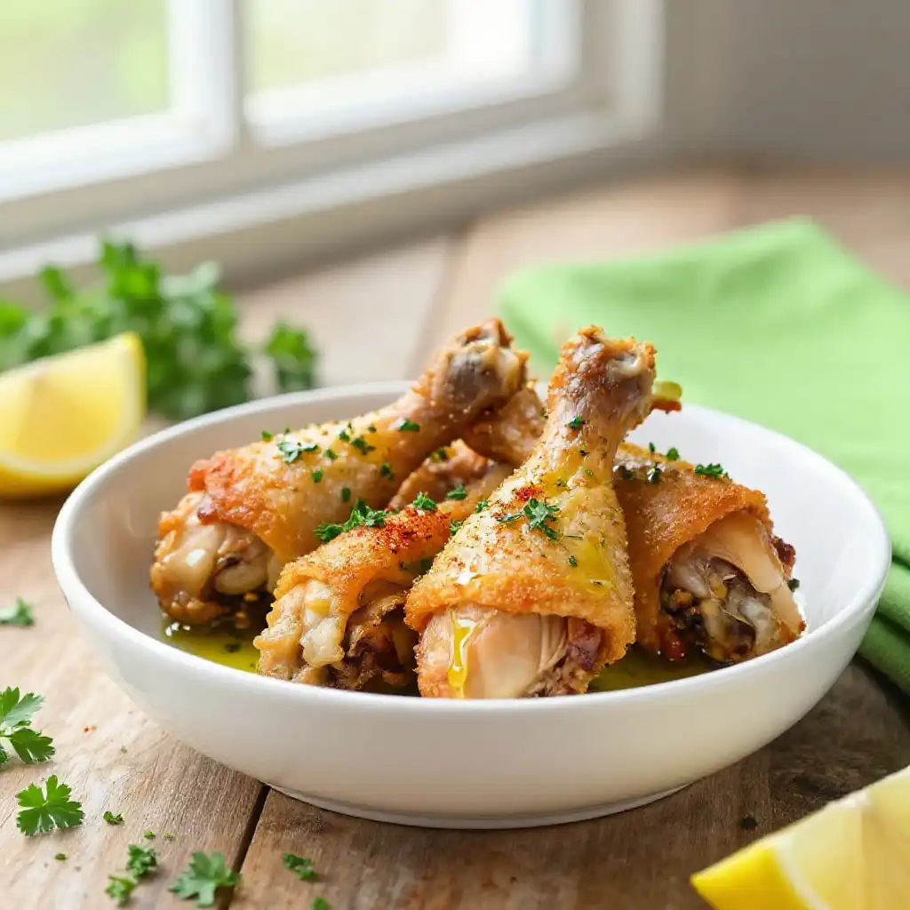 15-Minute Air Fryer Golden Brazilian Garlic Herb Chicken Drumsticks plated dish