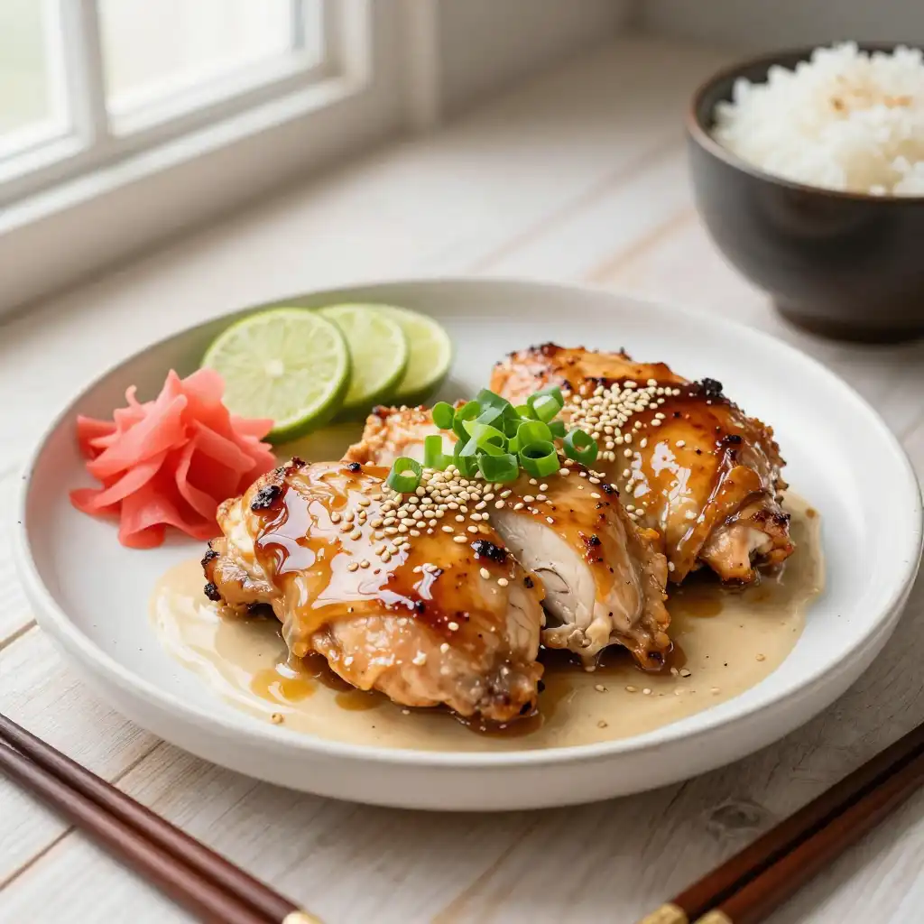 15-Minute Broiled Creamy Japanese Miso Chicken with Zesty Ginger Glaze (Egg-Free) plated dish