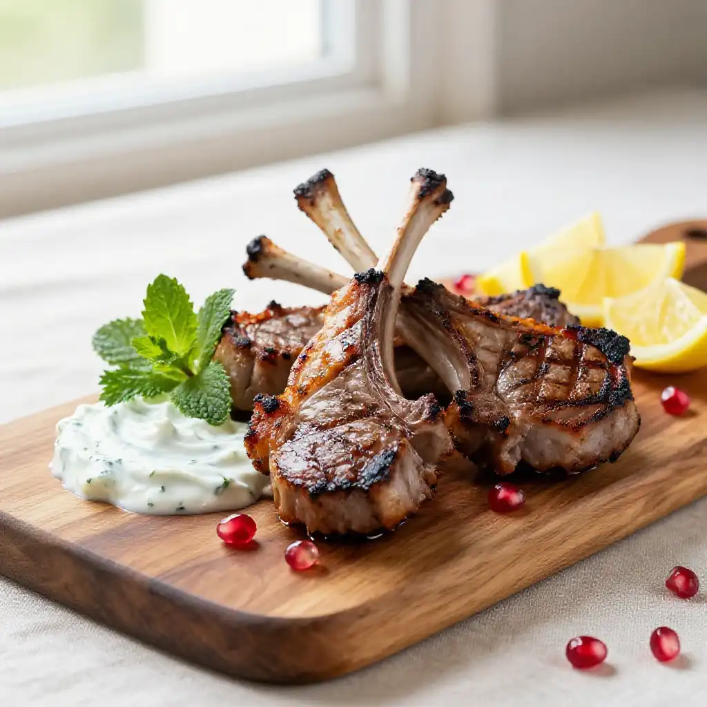 15-Minute Grilled Flaky Sumac Lamb Chops with Zesty Herb Yogurt plated dish
