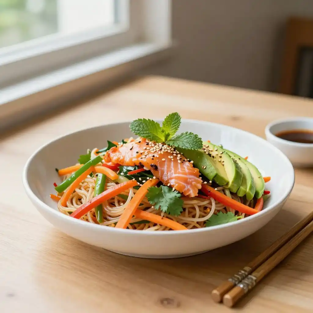 15-Minute Smoked Salmon Chewy Noodle Salad: Zesty Thai Meal Prep plated dish