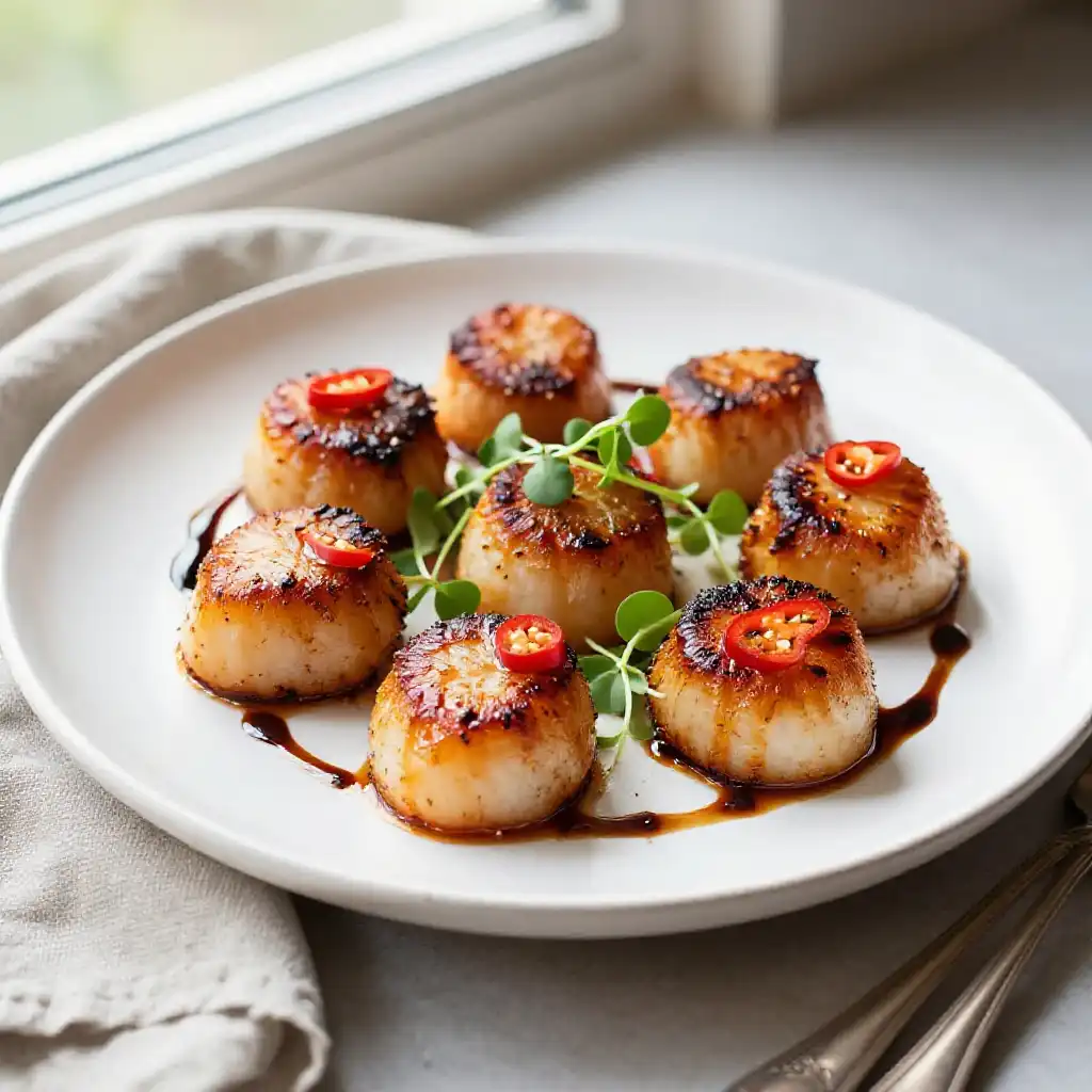 20-Minute Broiled Charred Sweet-Spicy Scallops, French Bistro Paleo plated dish