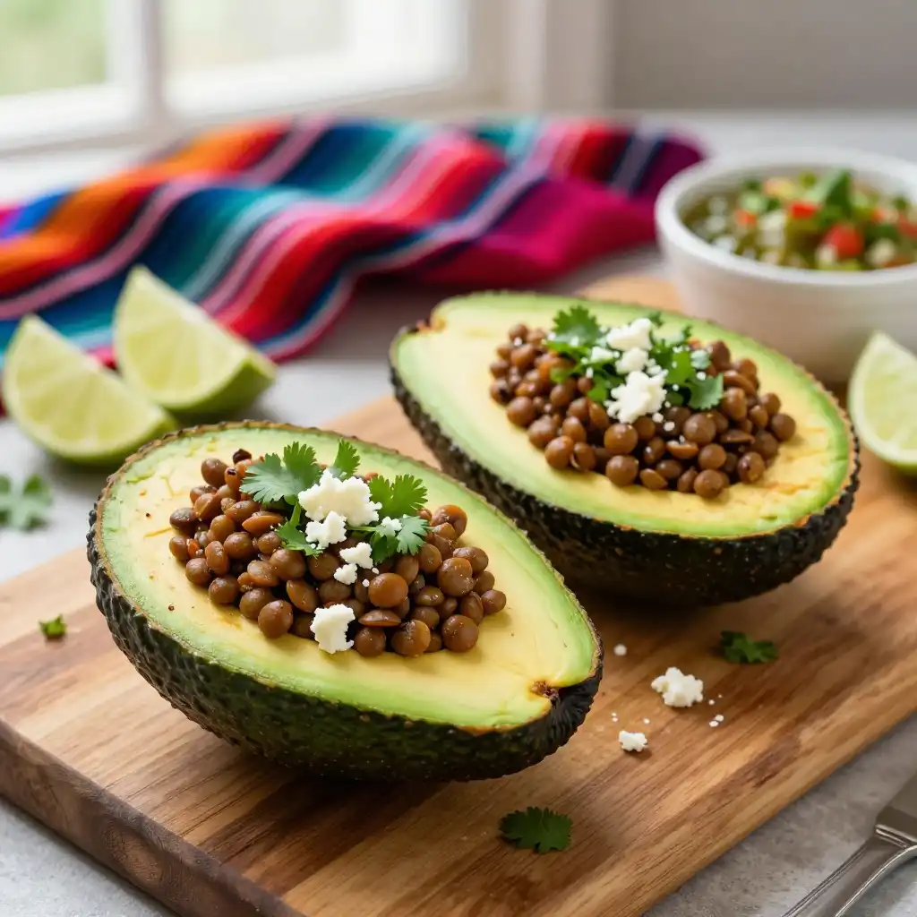 20-Minute Instant Pot Zesty Mexican Lentil-Stuffed Avocados (High-Fiber) plated dish