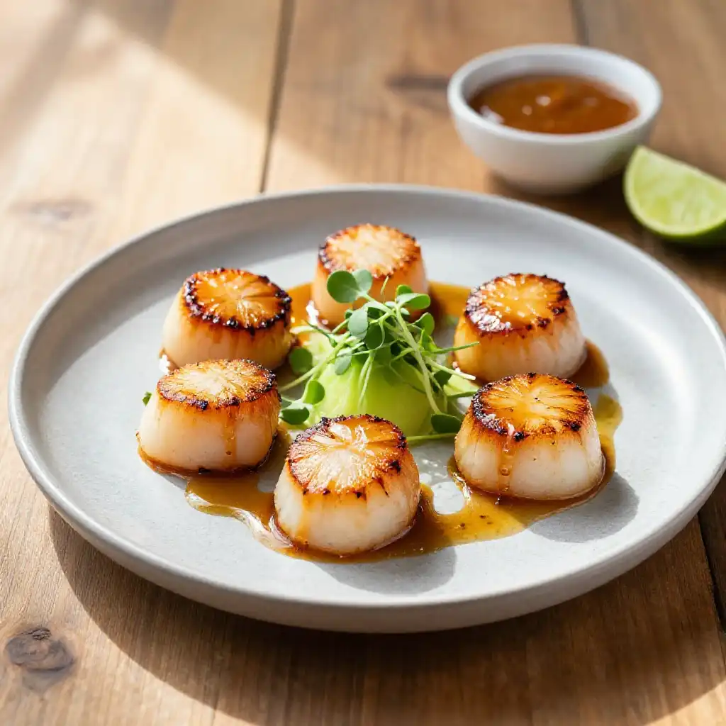20-Minute Pressure Cooker Caramelized Umami Scallops with Peruvian Aji Glaze plated dish