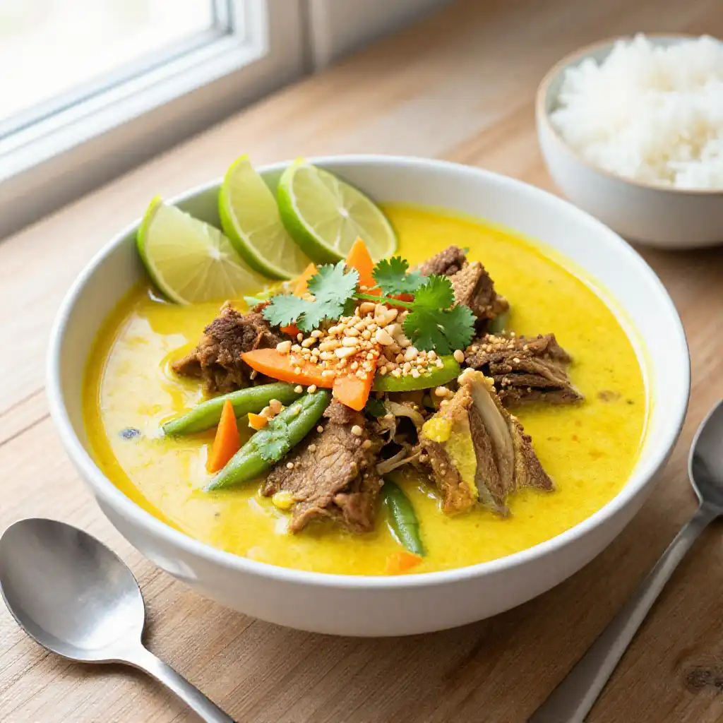 30-Minute Golden Tangy Thai Lamb Stew with Fiber-Rich Veggies plated dish