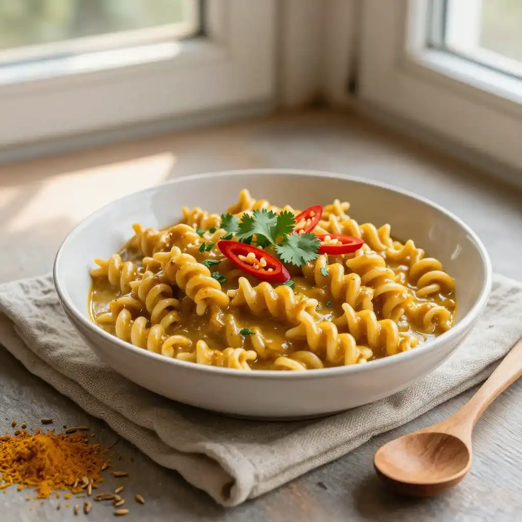 30-Minute One-Pot Creamy Caramelized Indian Curry Vegan Pasta plated dish