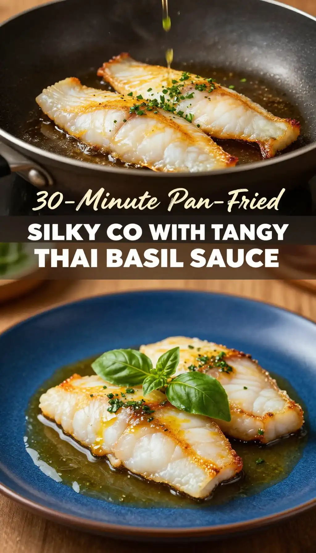 30-Minute Pan-Fried Silky Cod with Tangy Thai Basil Sauce pinterest pin
