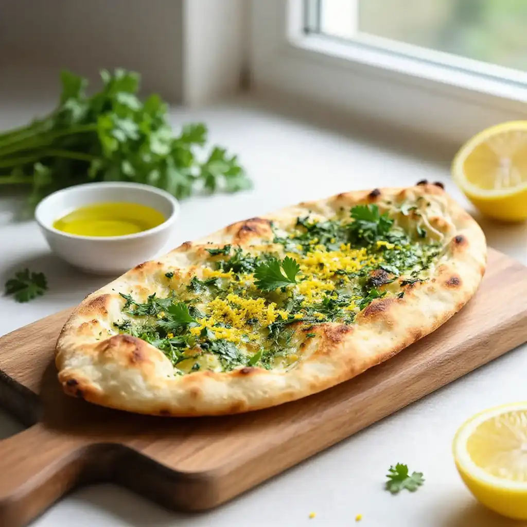 30-Minute Pan-Fried Zesty Lemon-Herb Turkish Flatbread (Low-Carb) plated dish