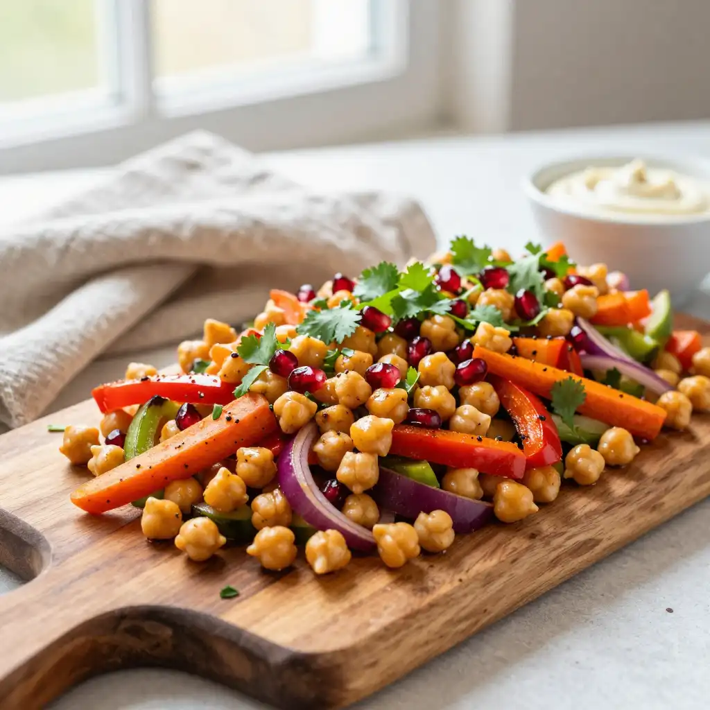 30-Minute Sheet Pan Crunchy Moroccan Chickpea Salad with Caramelized Harissa Vegetables plated dish