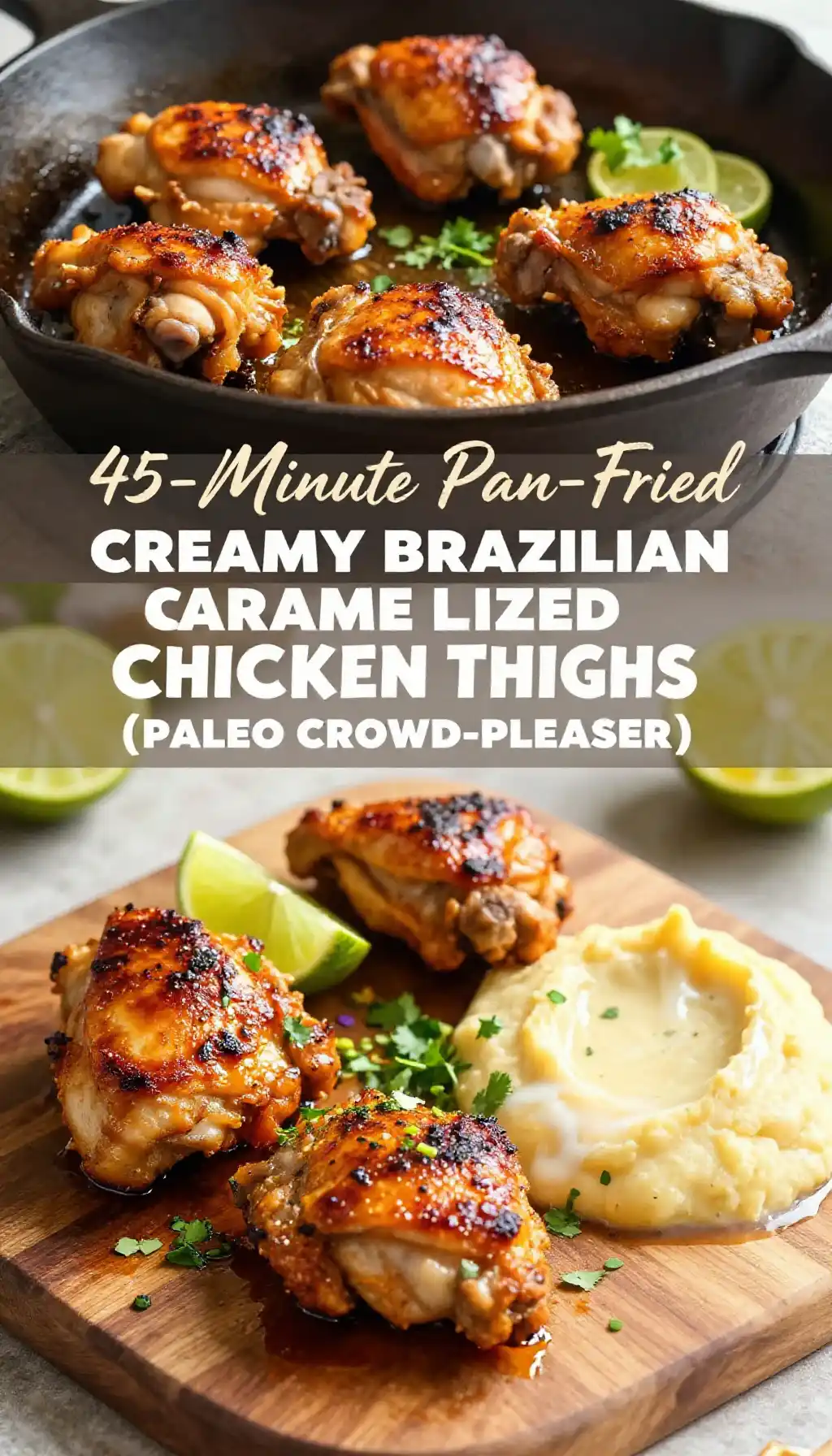 45-Minute Pan-Fried Creamy Brazilian Caramelized Chicken Thighs (Paleo Crowd-Pleaser) pinterest pin