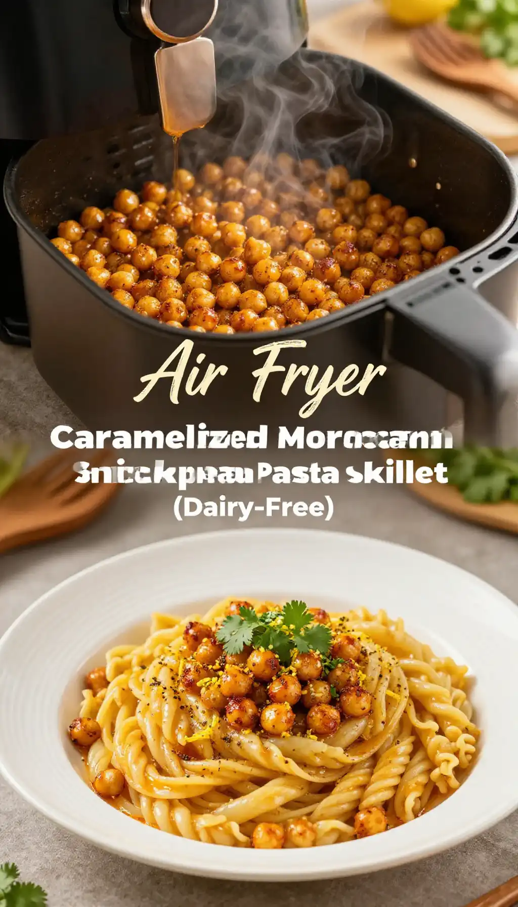 Air Fryer Caramelized Moroccan Spiced Chickpea Pasta Skillet (Dairy-Free) pinterest pin