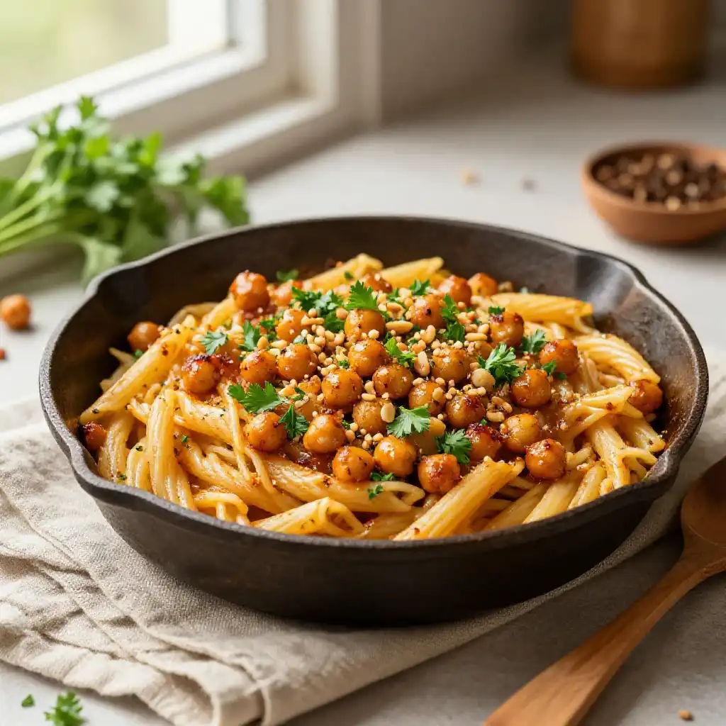 Air Fryer Caramelized Moroccan Spiced Chickpea Pasta Skillet (Dairy-Free) plated dish