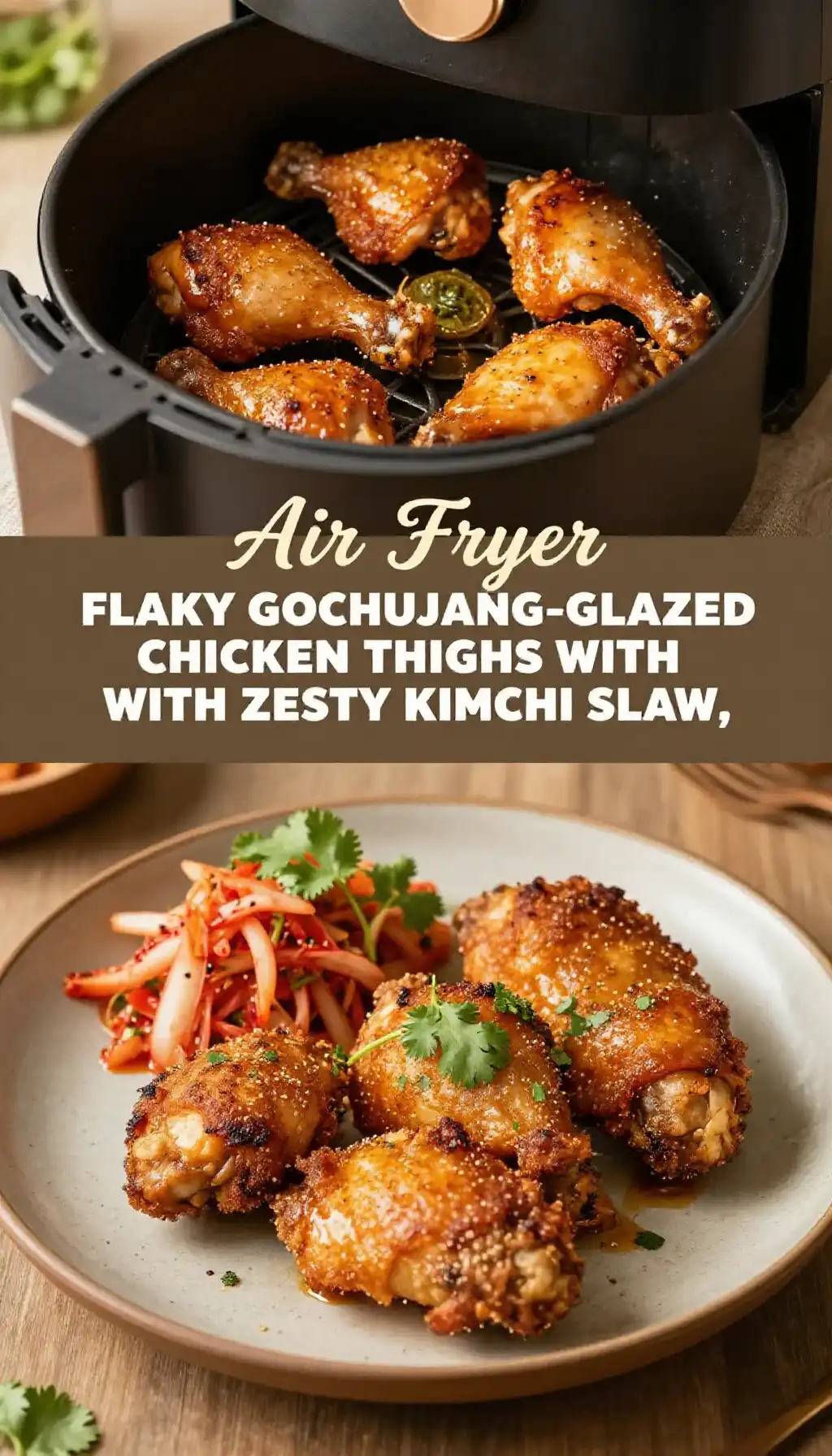 Air Fryer Flaky Gochujang-Glazed Chicken Thighs with Zesty Kimchi Slaw pinterest pin