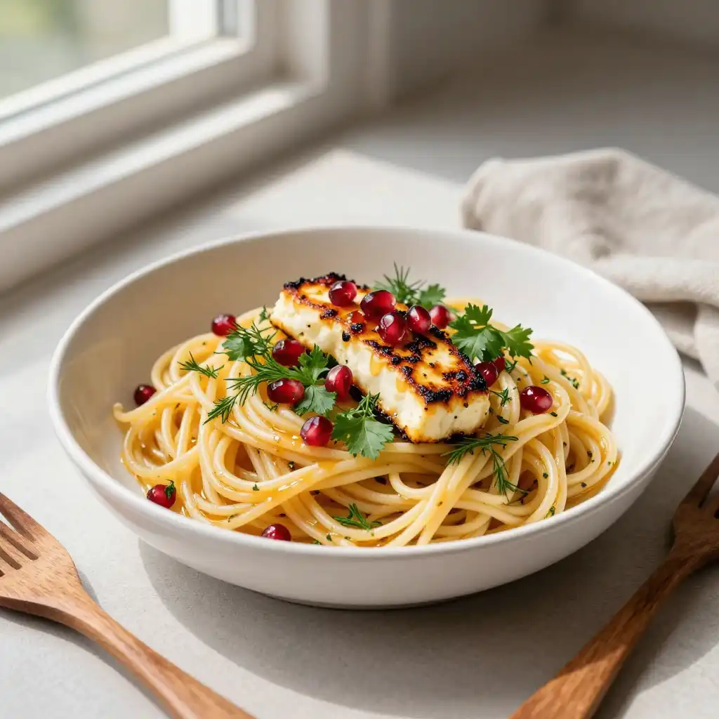 Air Fryer Fluffy Honey-Glazed Turkish Pasta with Charred Halloumi plated dish