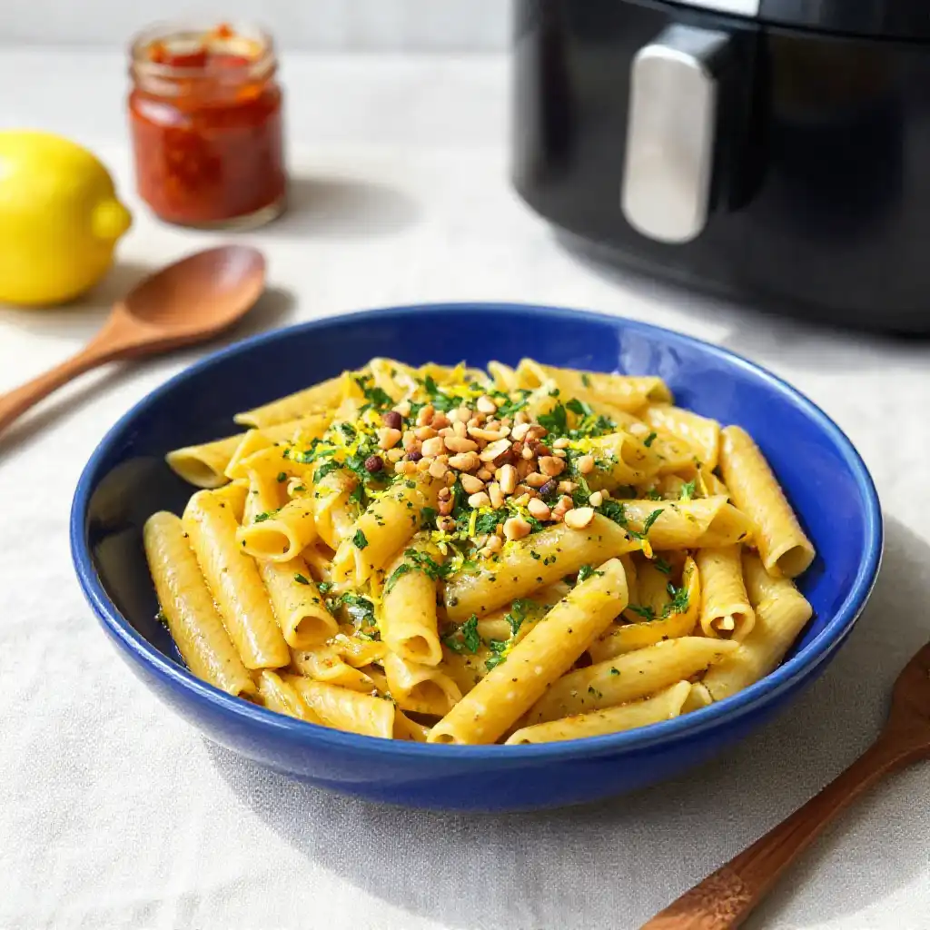 Air Fryer Tangy Moroccan Lemon-Harissa Pasta: Dairy-Free Melt-in-Mouth plated dish