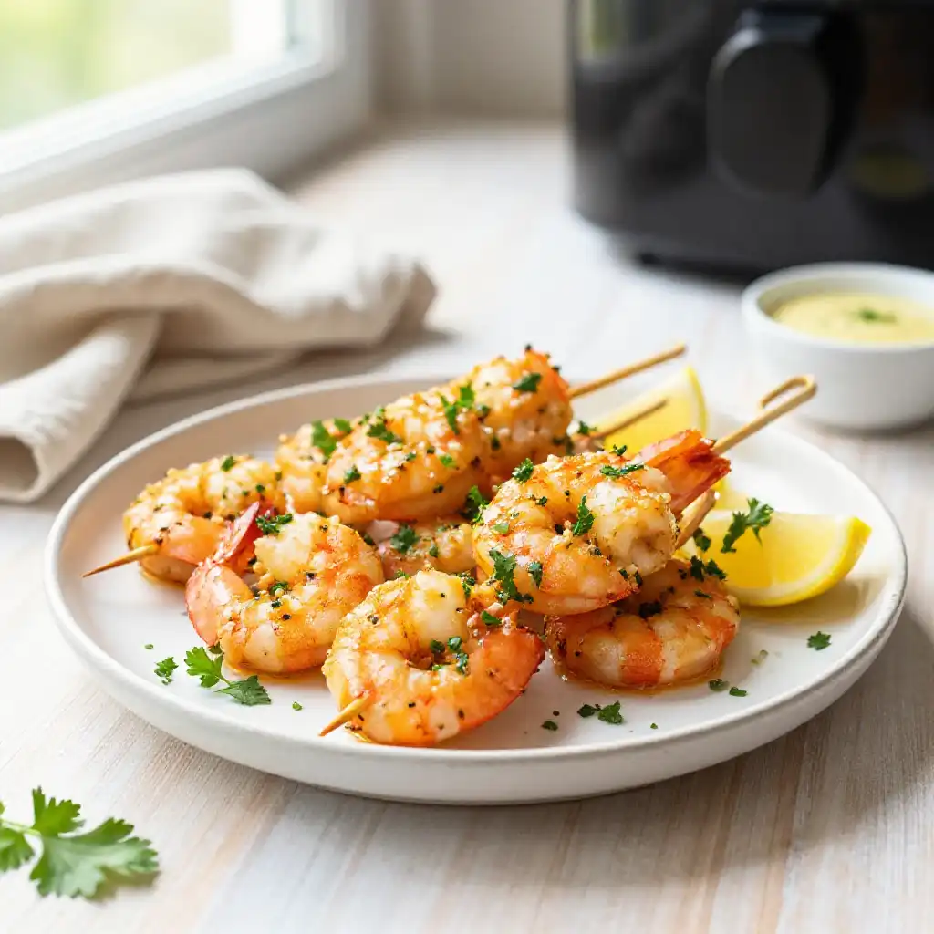 Air Fryer Tender Garlic Butter Shrimp Skewers: Make-Ahead Keto Perfection plated dish