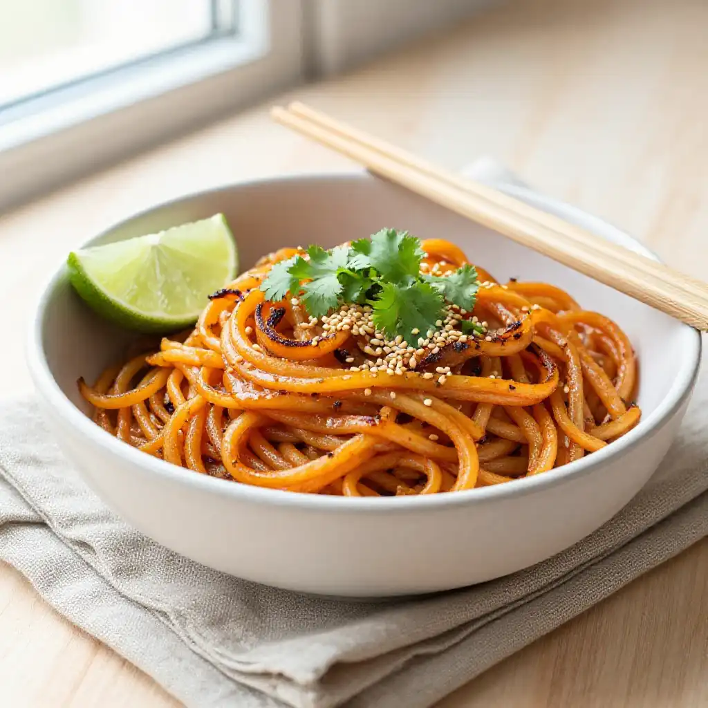 Baked Charred Thai Coconut-Lemongrass Sweet Potato Noodles One-Bowl Wonder plated dish