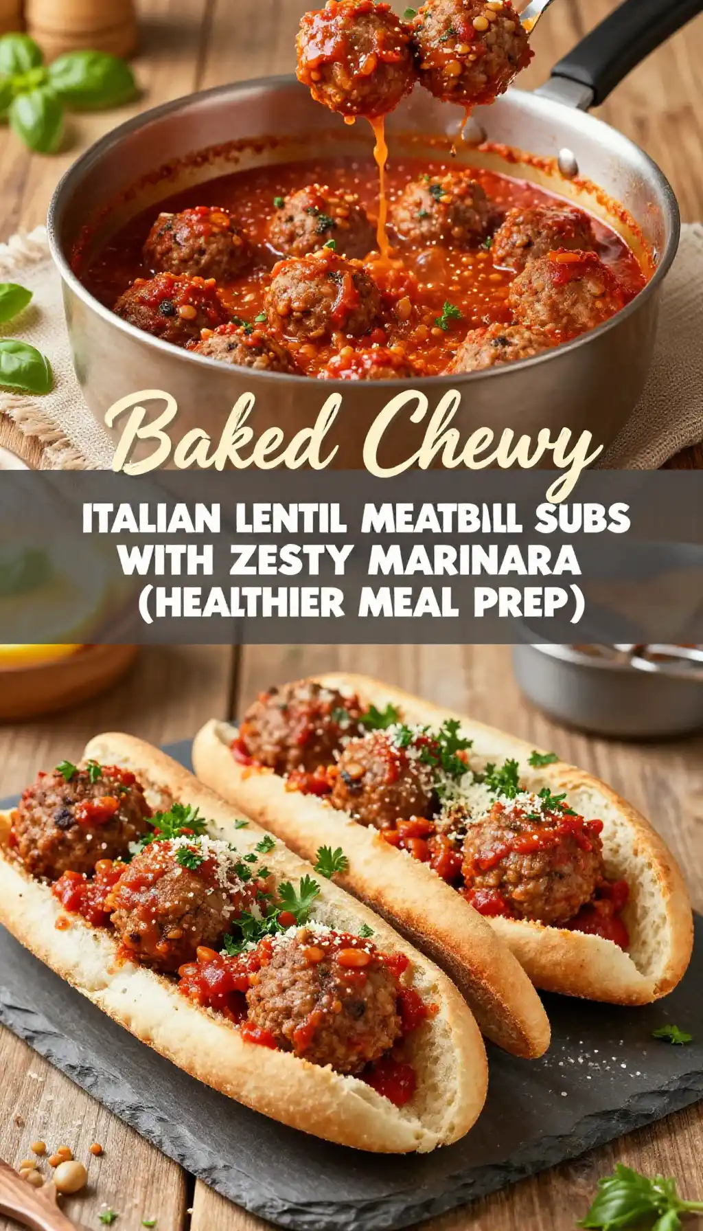 Baked Chewy Italian Lentil Meatball Subs with Zesty Marinara pinterest pin