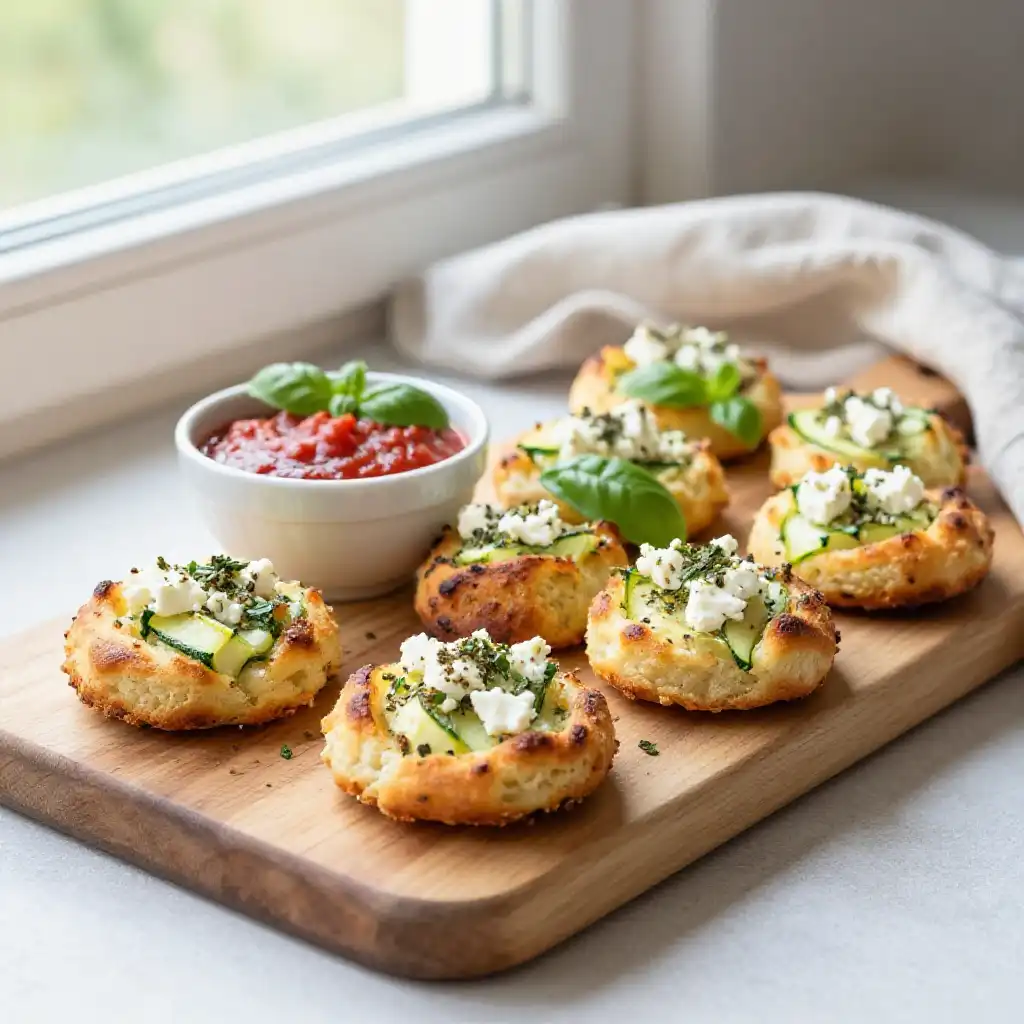 Baked Chewy Mediterranean Zucchini Pizza Bites with Peppery Feta plated dish
