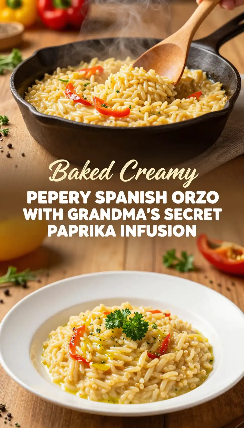 Baked Creamy Peppery Spanish Orzo with Grandma's Secret Paprika Infusion pinterest pin