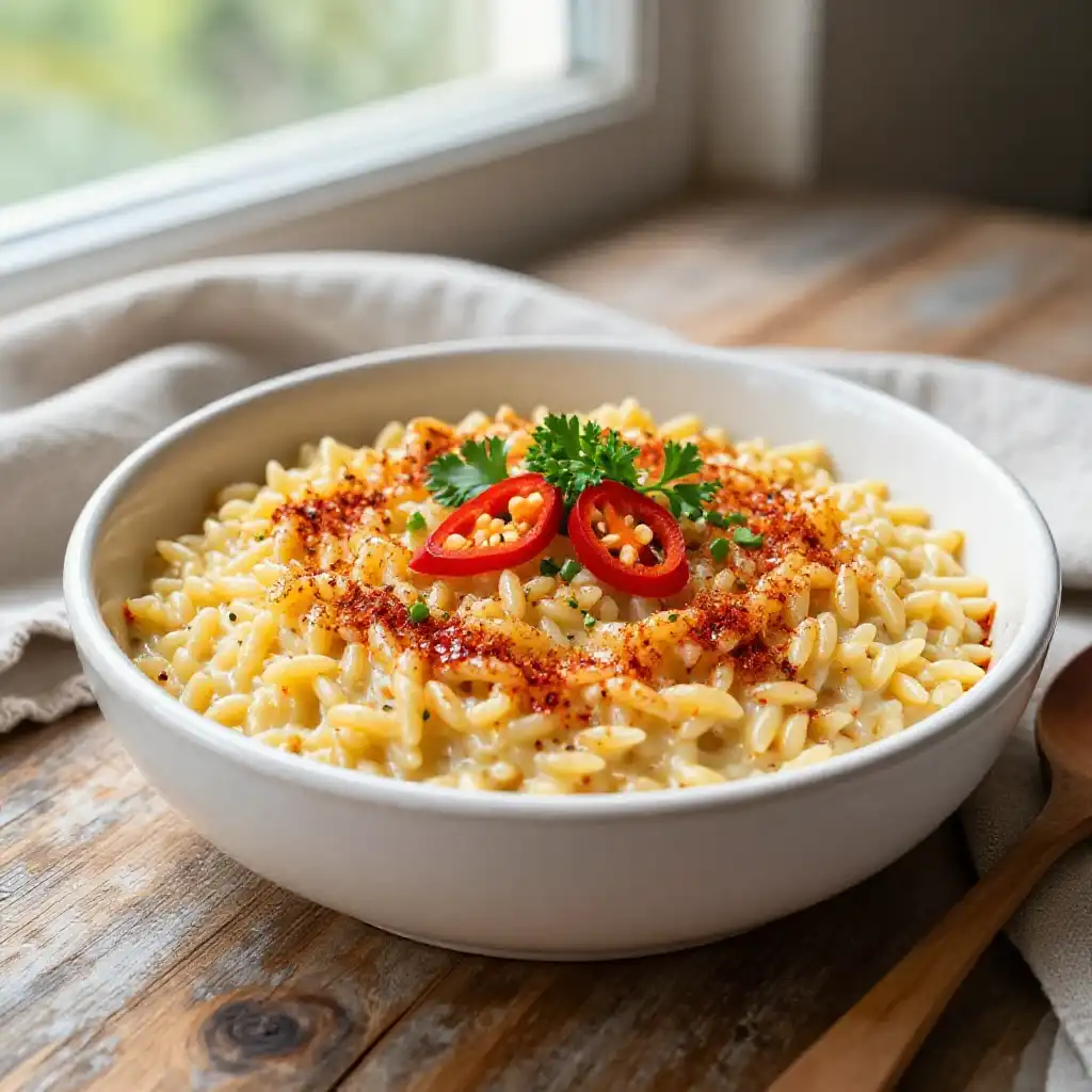 Baked Creamy Peppery Spanish Orzo with Grandma's Secret Paprika Infusion plated dish