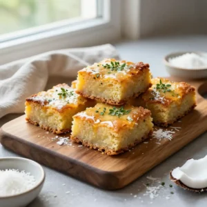 Step by step Baked Crunchy Brazilian Paleo Coconut Squares with Herb-Infused Glaze