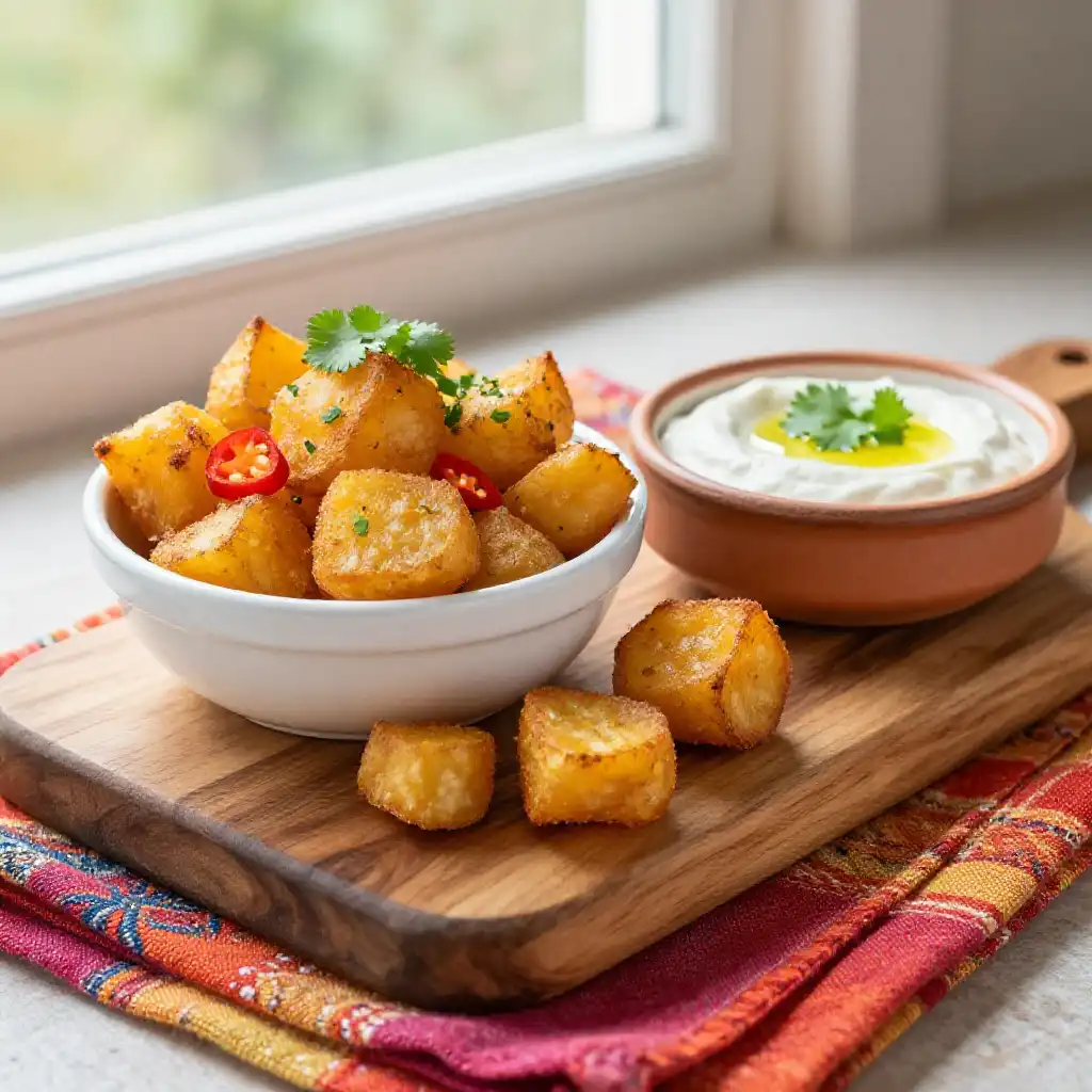 Baked Melt-in-Mouth Peruvian Citrus Yucca Bites: Grandma's Secret Vegan Dip plated dish