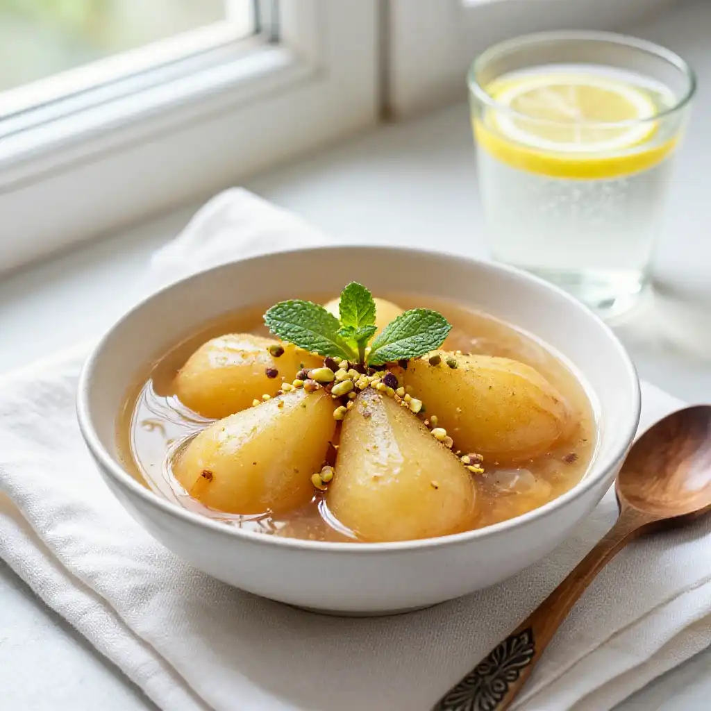 Braised Buttery Turkish Gluten-Free Herbal Pear Compote plated dish