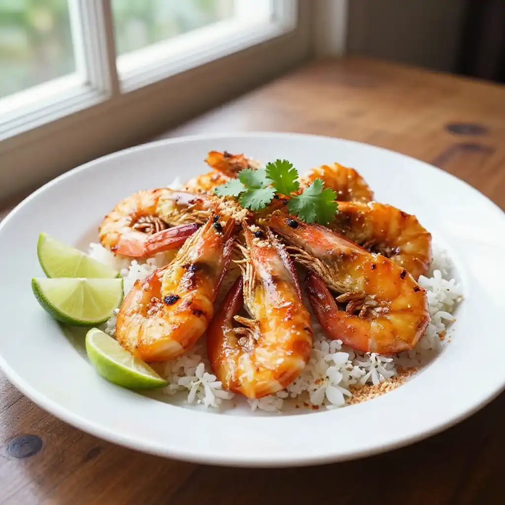 Broiled Buttery Caramelized Thai Coconut Shrimp with Zesty Lime plated dish