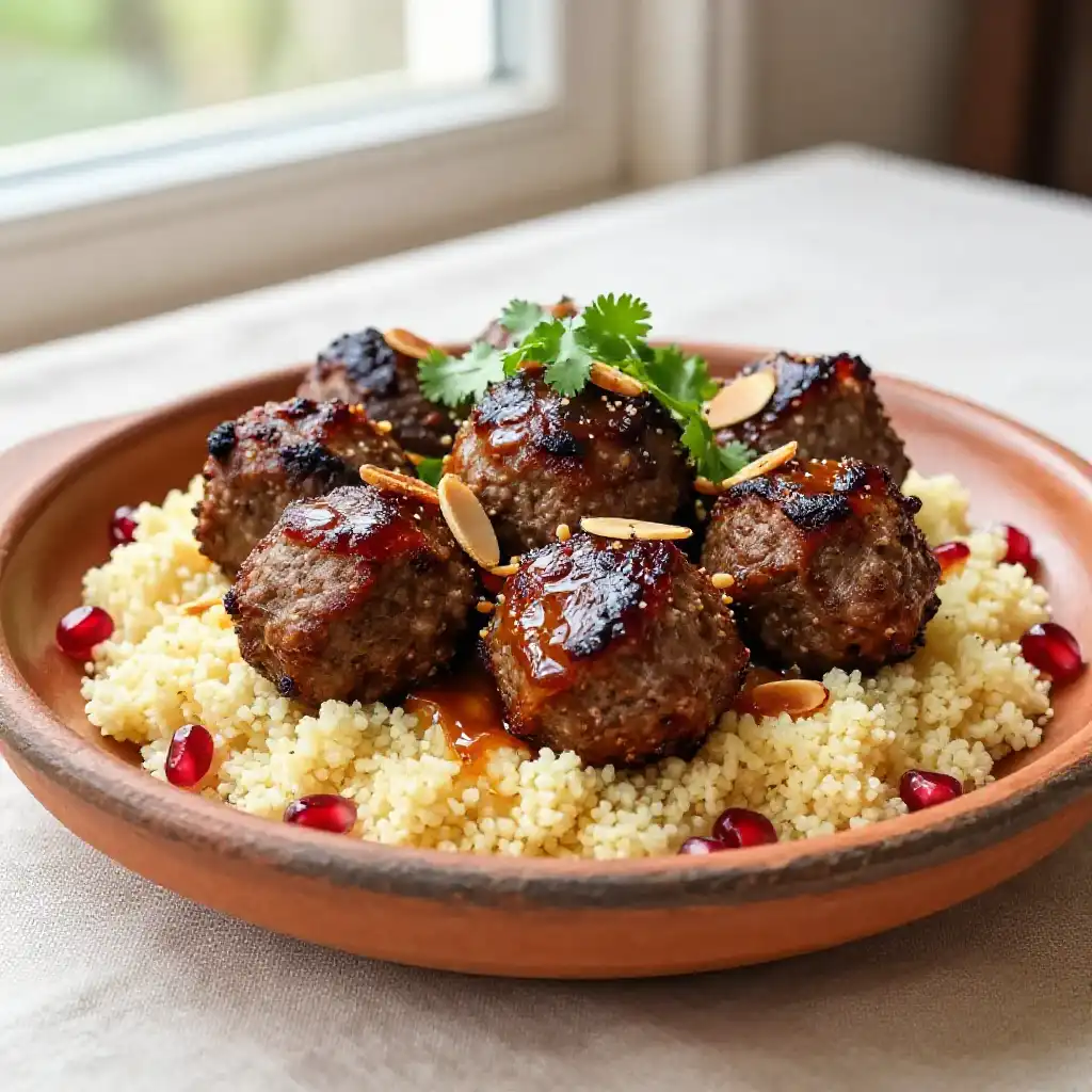 Broiled Caramelized Moroccan Spiced Lamb Meatballs with Umami Prune Glaze plated dish