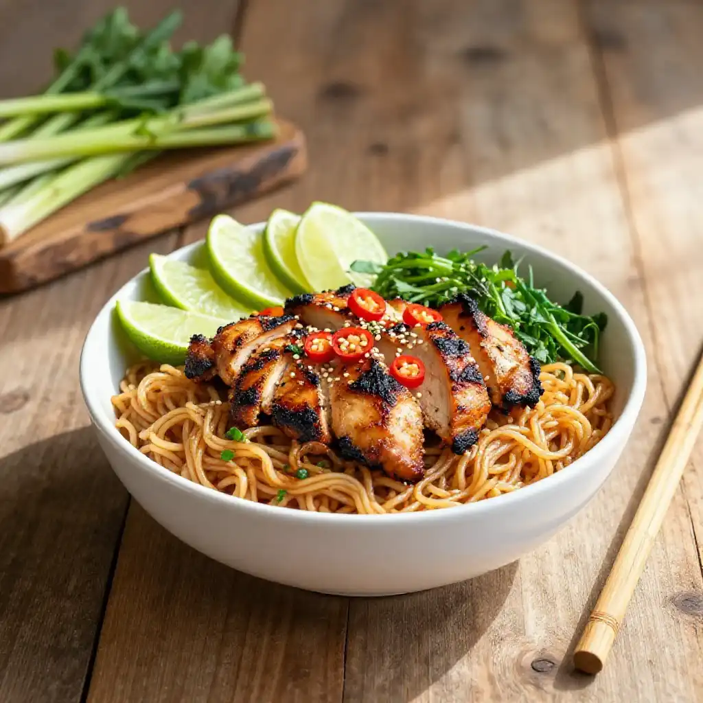Broiled Charred Smoky Lemongrass Chicken Noodle Bowls (Paleo Meal Prep) plated dish