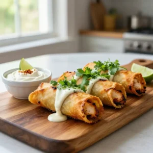 Step by step Broiled Chewy Cilantro-Lime Chicken Taquitos with Charred Poblano Crema